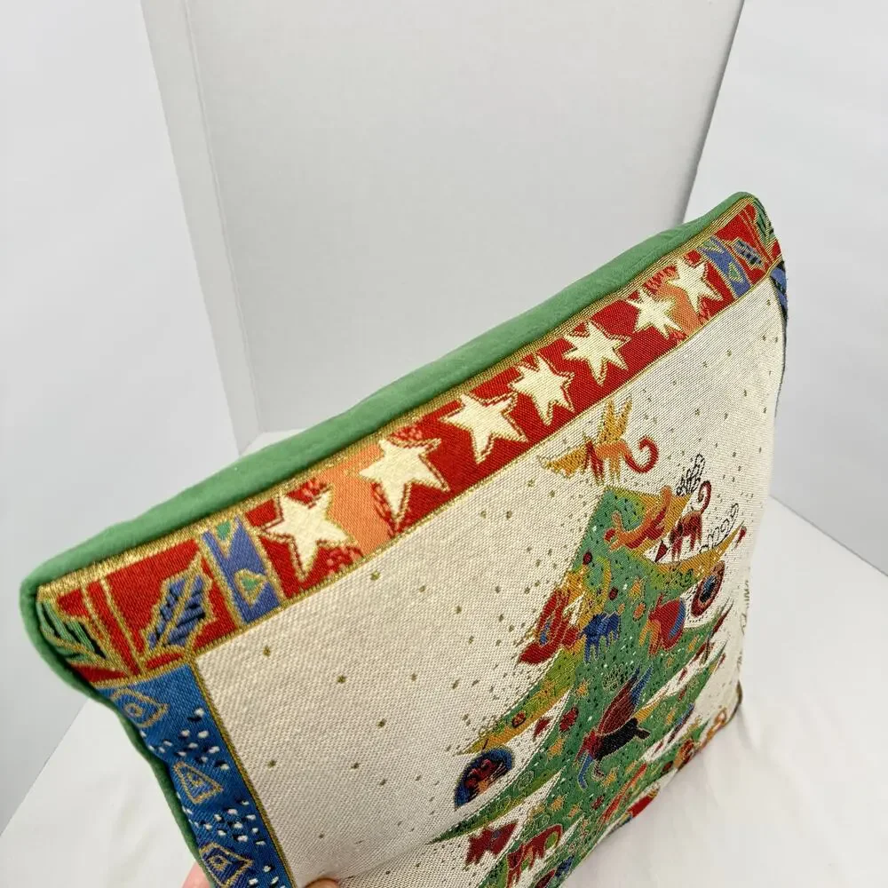 Vintage Laurel Burch Christmas Tree Tapestry Pillow Holiday Folk Art 18x18 90s